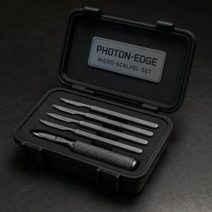 Photon-Edge Micro-Scalpel Set laid out against a neutral background, including multiple precision scalpels with sleek handles and fine blades.